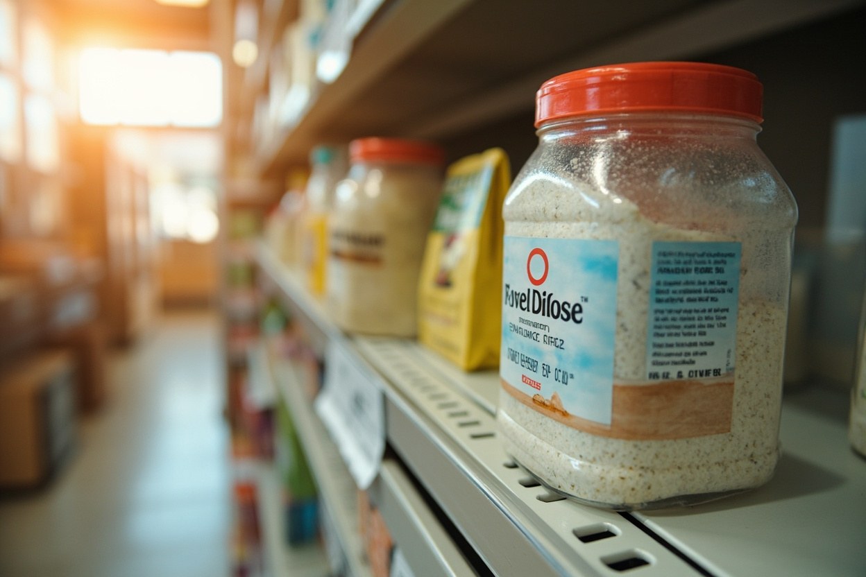 A jar of granulated sweetener on a supermarket shelf in soft daylight