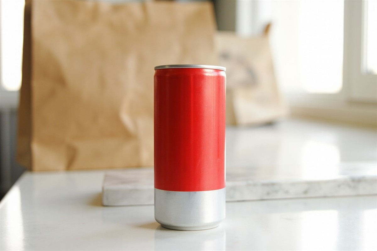 A red and silver aluminum energy drink can standing on a white marble kitchen counter in daylight.