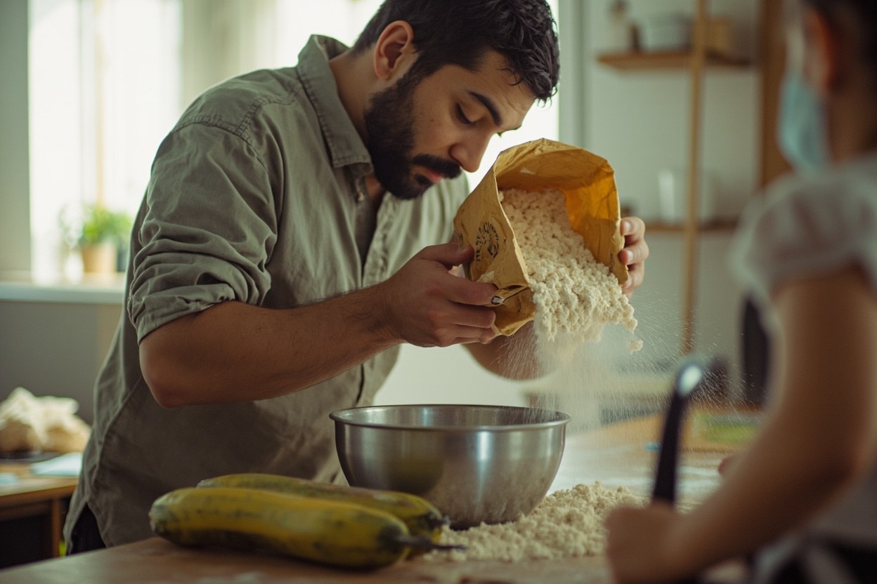 Person pouring flour from a paper bag into a metal bowl in a bright kitchen interior