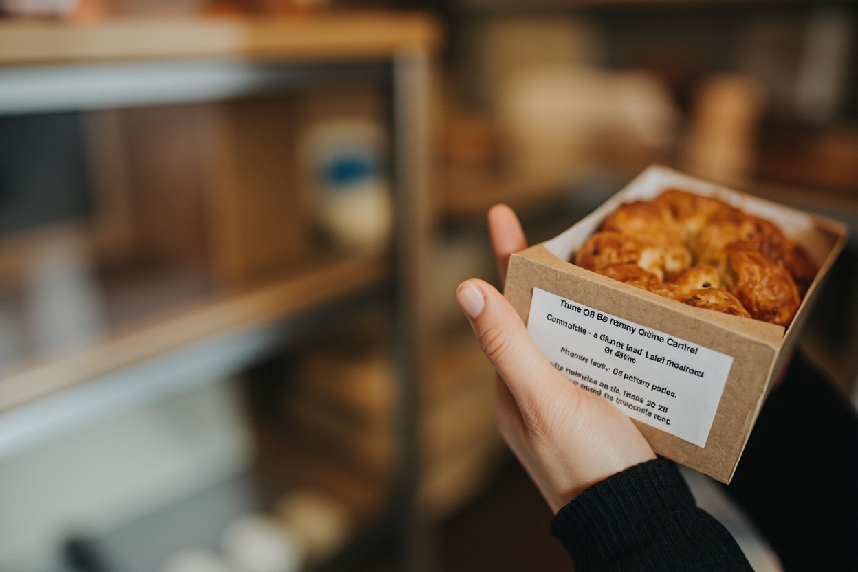 Hands holding a small baklava box near a printed ingredient label in a bakery interior.