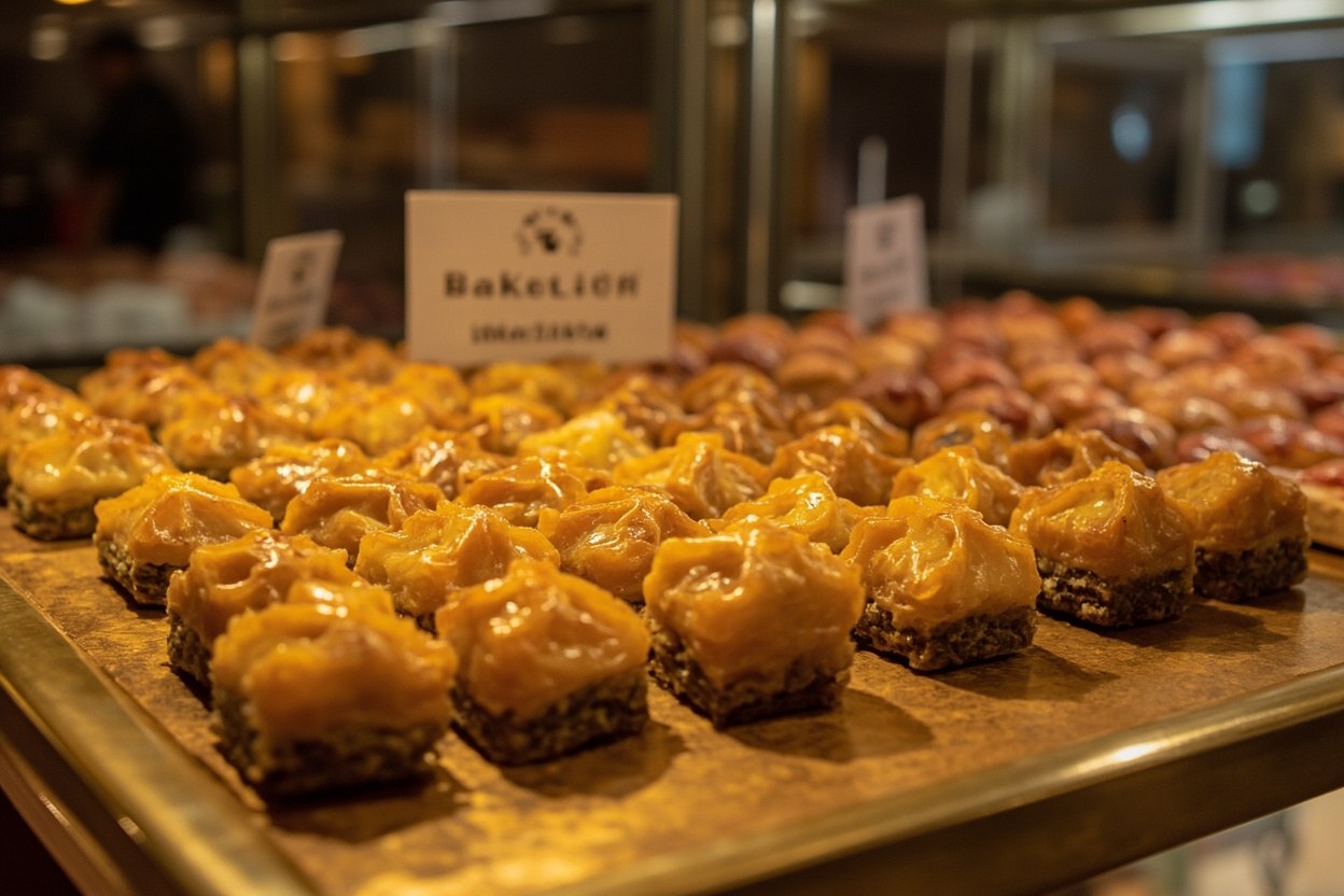 Diamond-cut baklava pieces stacked on a brass tray in warm shop daylight.