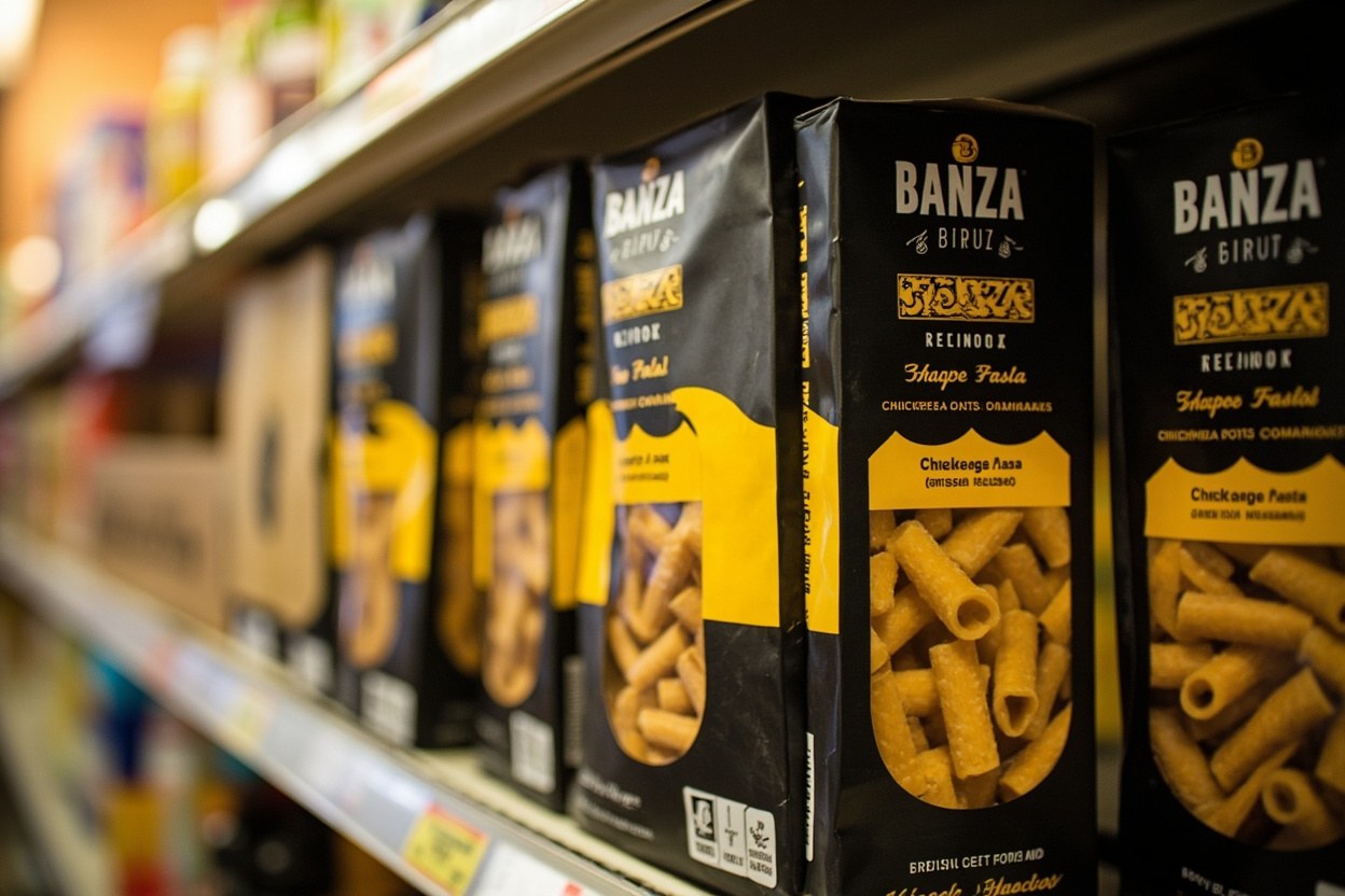 Yellow and black Banza chickpea pasta boxes lined up on a grocery store shelf in soft daylight