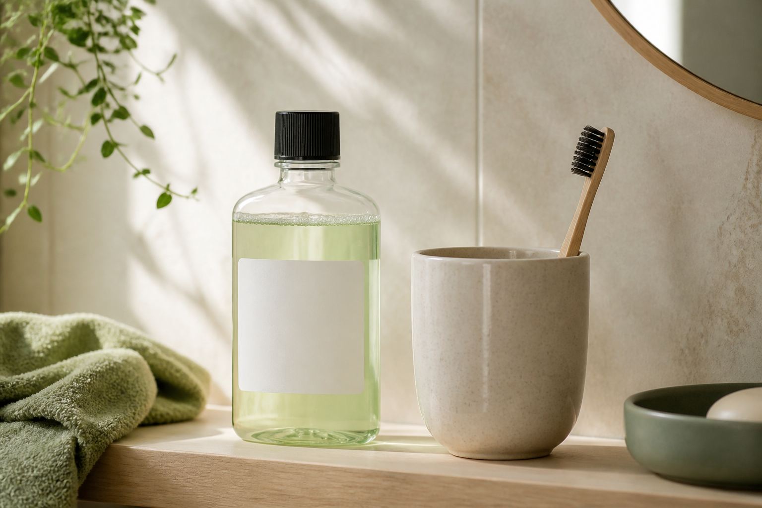 A wooden toothbrush and a plain glass bottle on a bathroom sink.