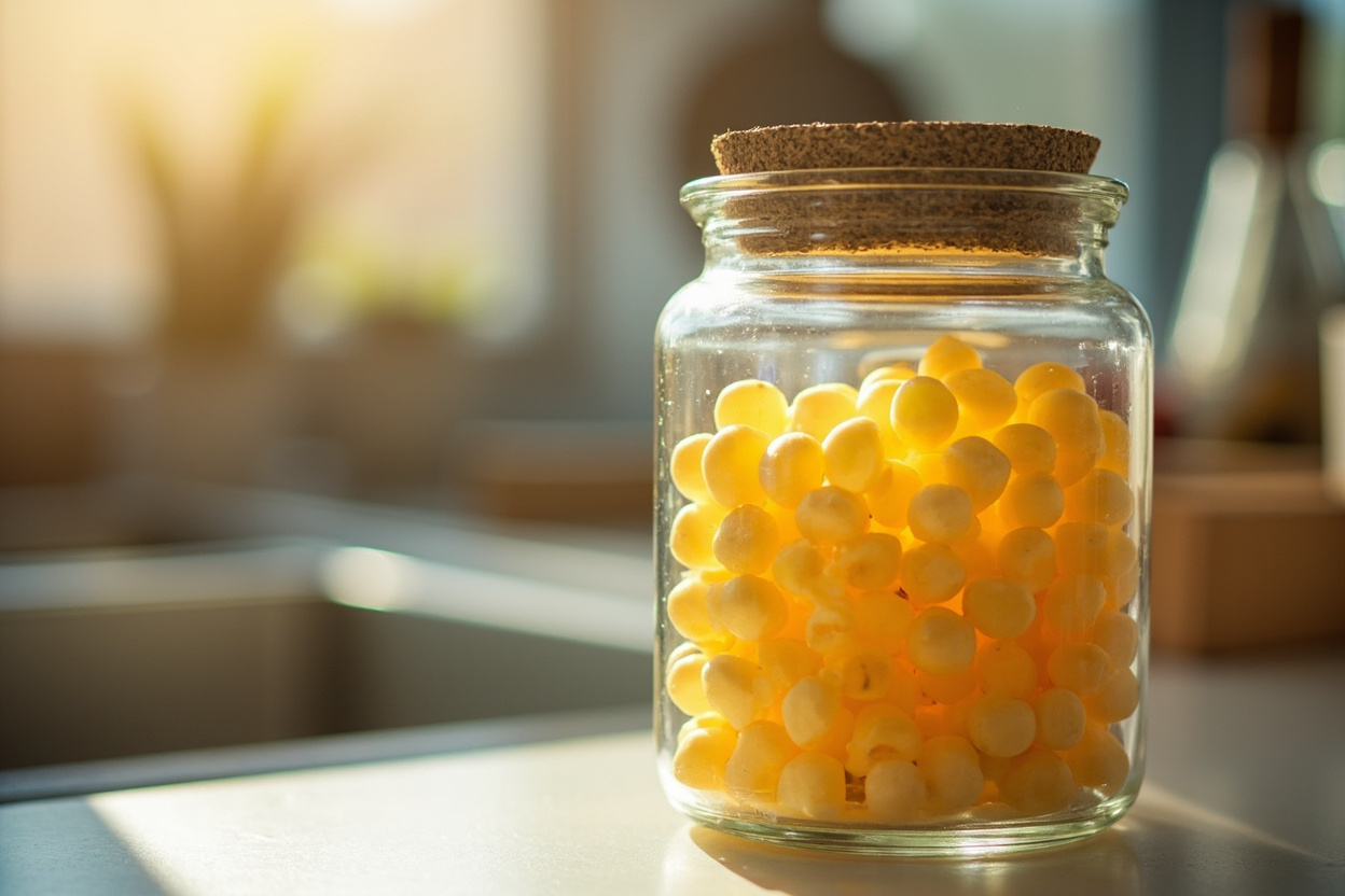 Pale yellow beeswax pellets in a glass jar on a kitchen counter in soft daylight
