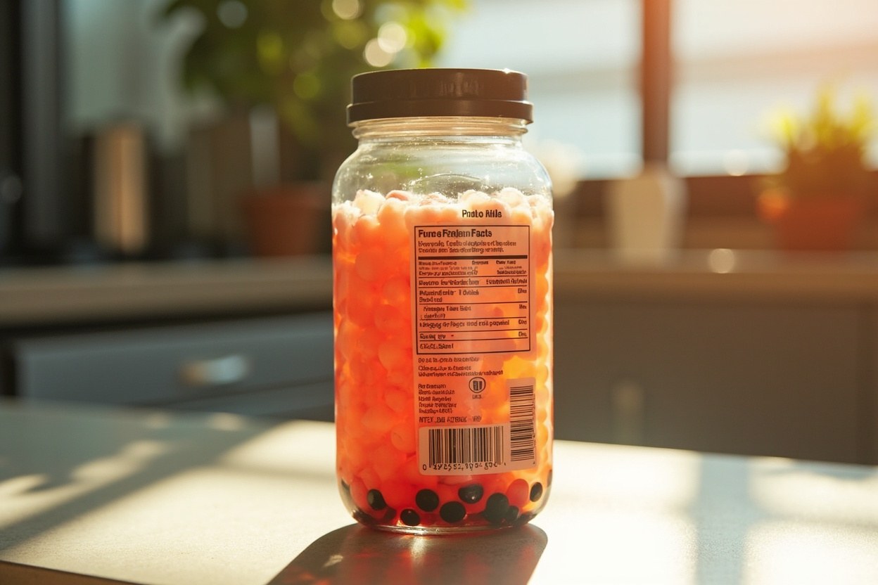 Glass jar of strawberry popping boba on a kitchen counter, turned to show the back ingredient label in daylight