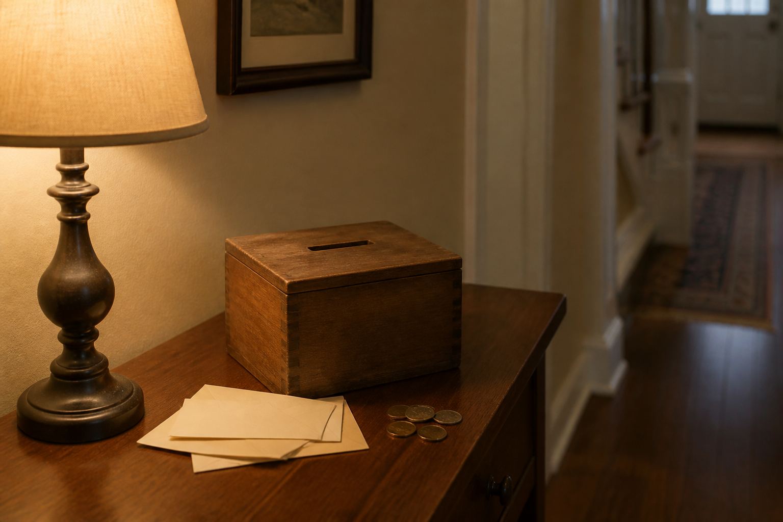 A wooden donation box with a slot on a hallway table beside a small stack of envelopes.