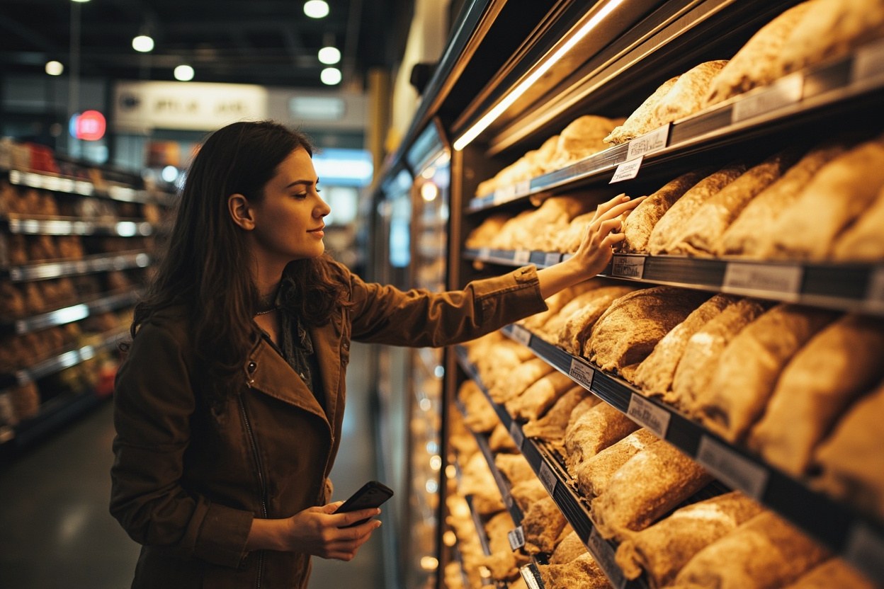 Shopper in a supermarket bread aisle reaching for a sliced loaf in warm interior light