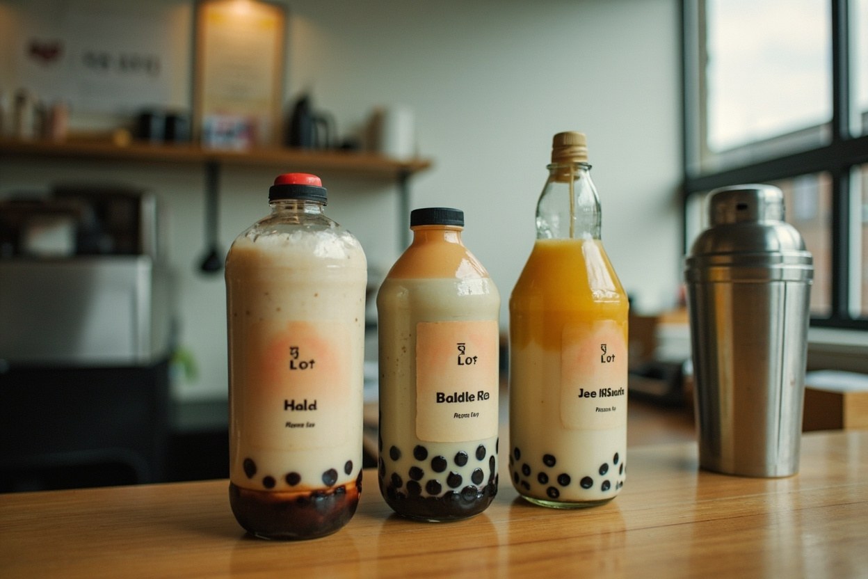 Bubble tea shop counter with syrup bottles, a stainless steel shaker and a certificate on the wall in soft interior light