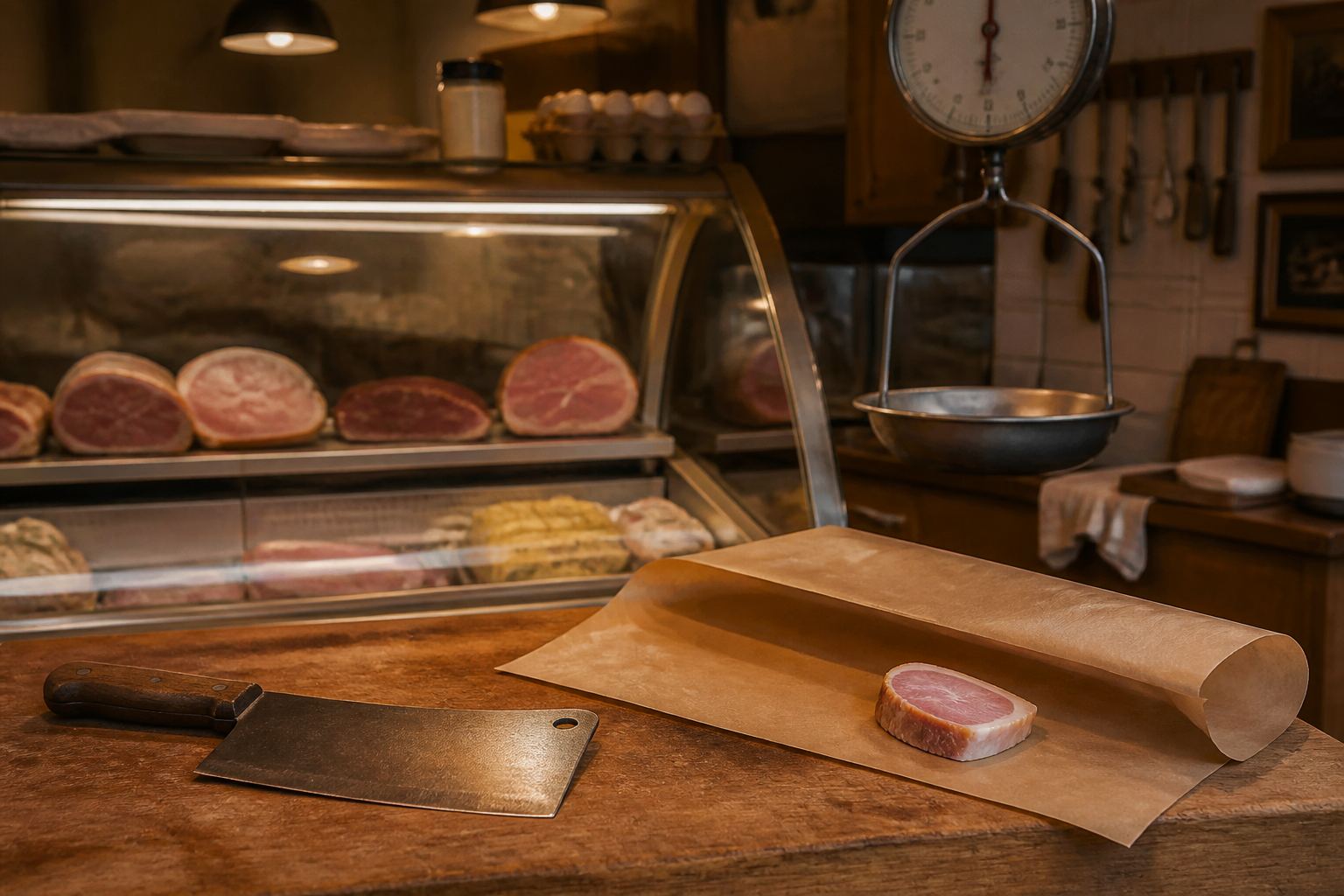 A small butcher counter with a hanging scale and a paper-wrapped parcel on the block.