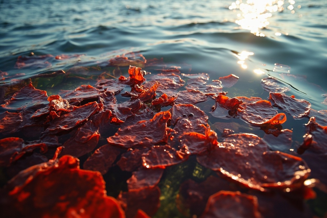 Red seaweed floating in shallow tropical seawater under daylight