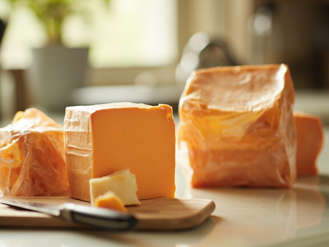 Blocks of orange cheddar in plain clear wrapping on a kitchen counter, with a knife and a few cut pieces on a wooden board.