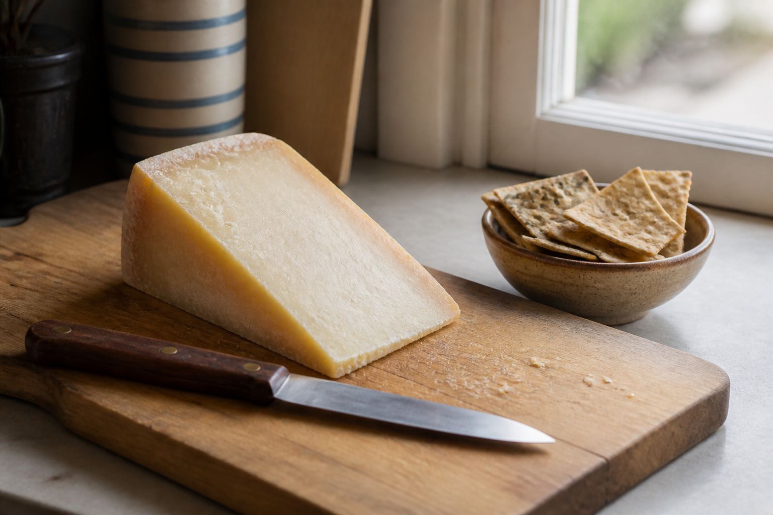 A wedge of pale cheese and a knife on a wooden board in kitchen light.