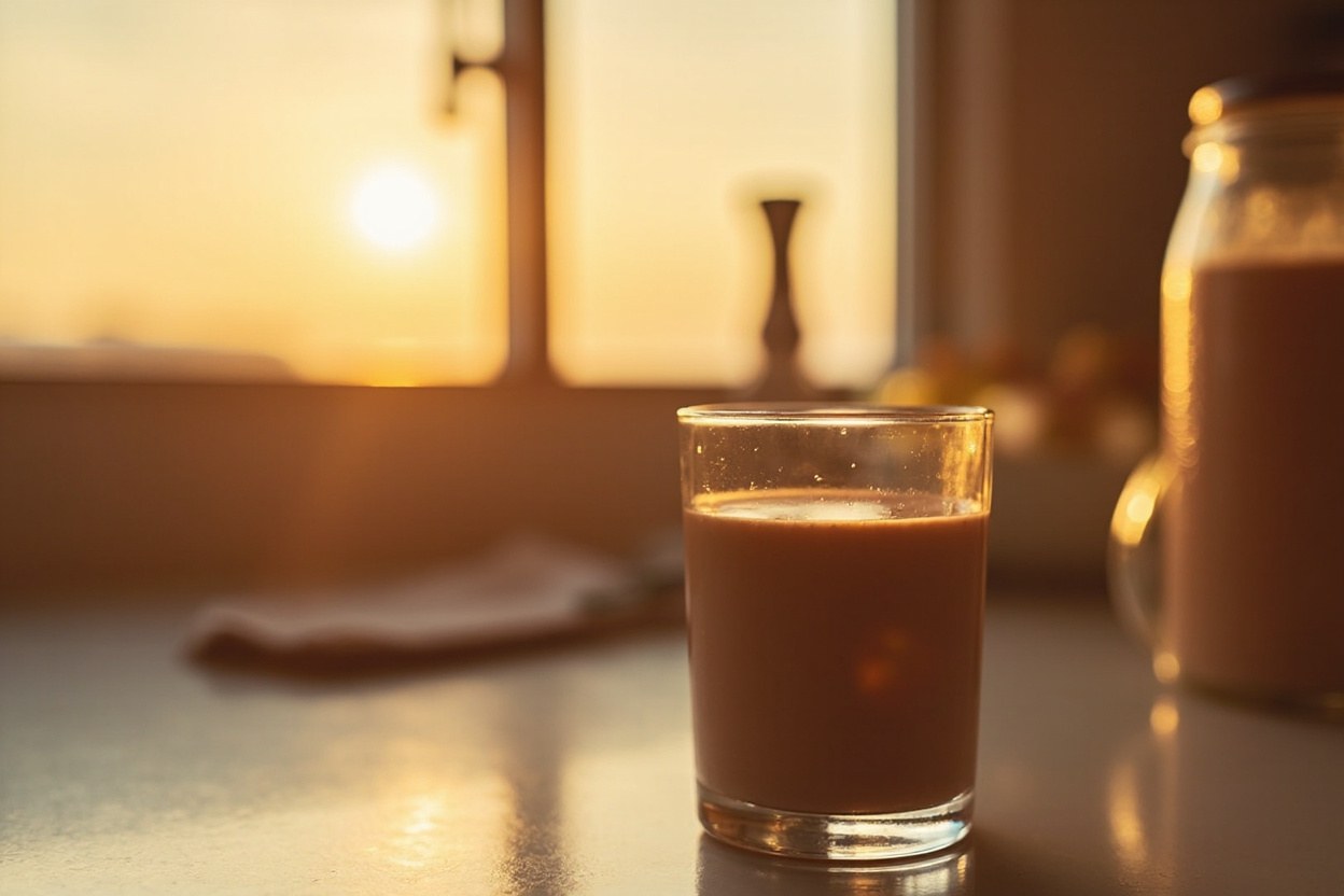 Glass of chocolate milk on a kitchen counter at sunset