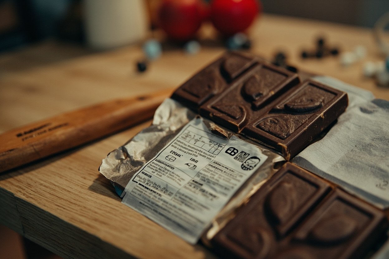 Close up of a dark chocolate wrapper showing cocoa butter on the ingredients list with a halal certifier mark in a kitchen interior