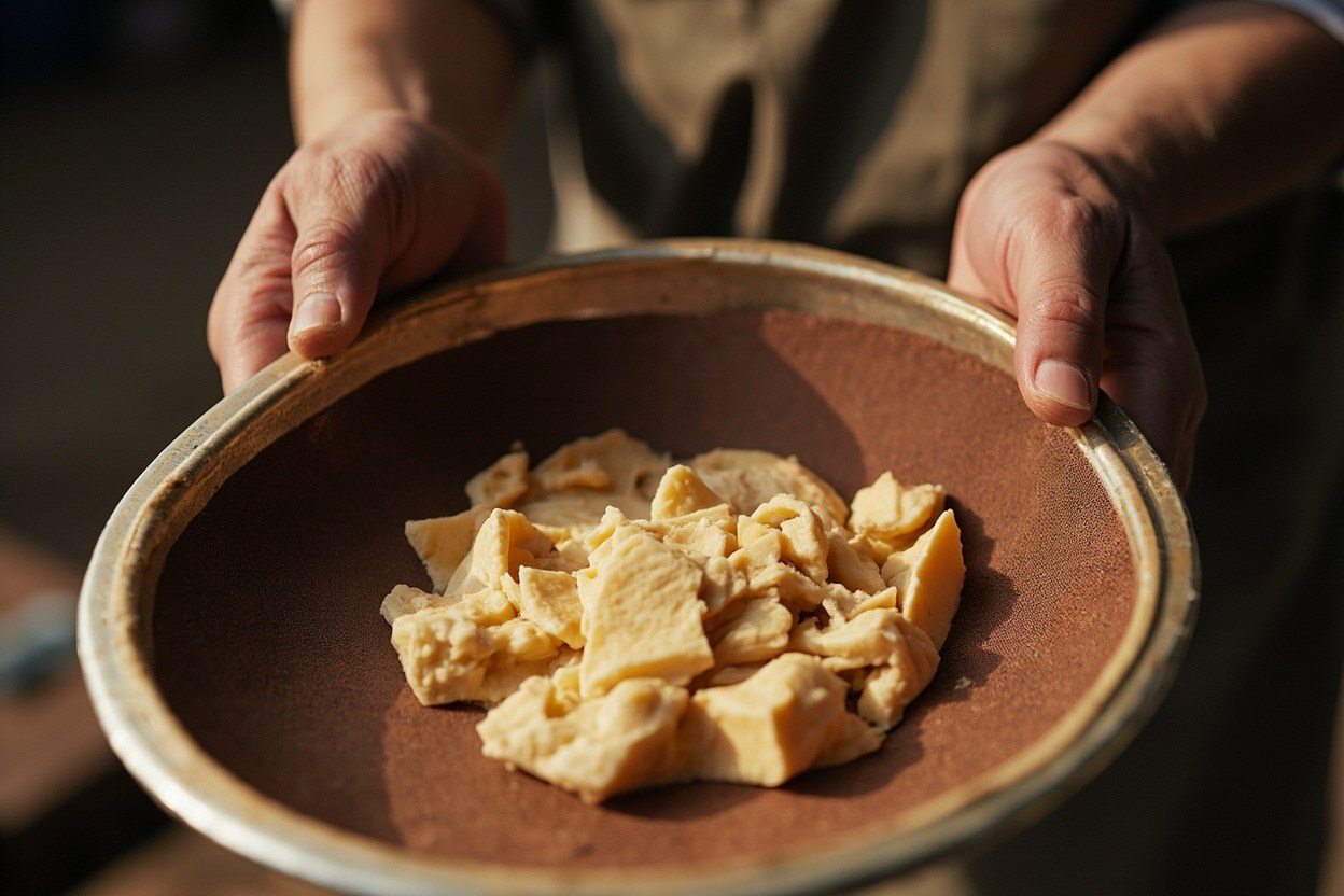 Hands in a chocolate workshop pressing a small batch of warm cocoa butter through a fine sieve in soft daylight