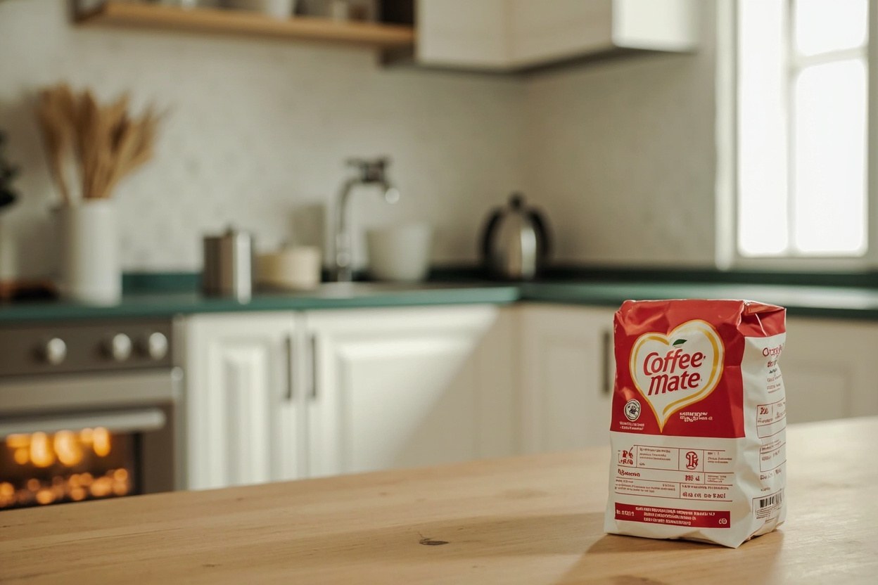 Close-up of a printed ingredient panel on a creamer tub showing milk proteins in clean kitchen interior