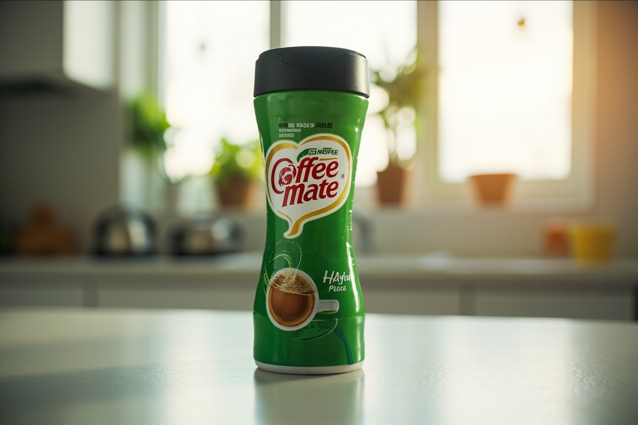 A green and white Coffee-Mate tub standing upright in a bright kitchen, daylight from a window behind