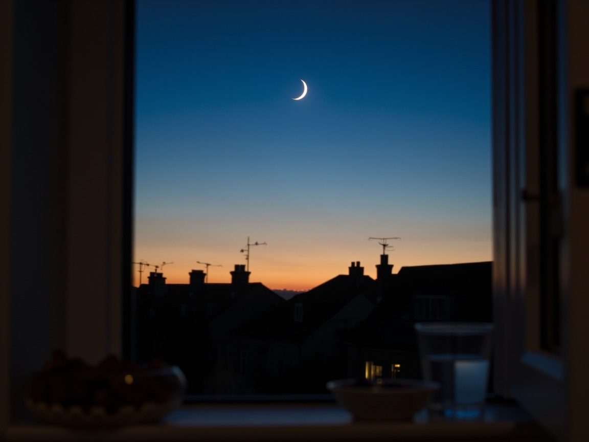 A thin crescent moon in a deep blue evening sky above the rooftops and chimneys of a terraced street, seen through a kitchen window with a bowl of dates and a glass of water on the sill.