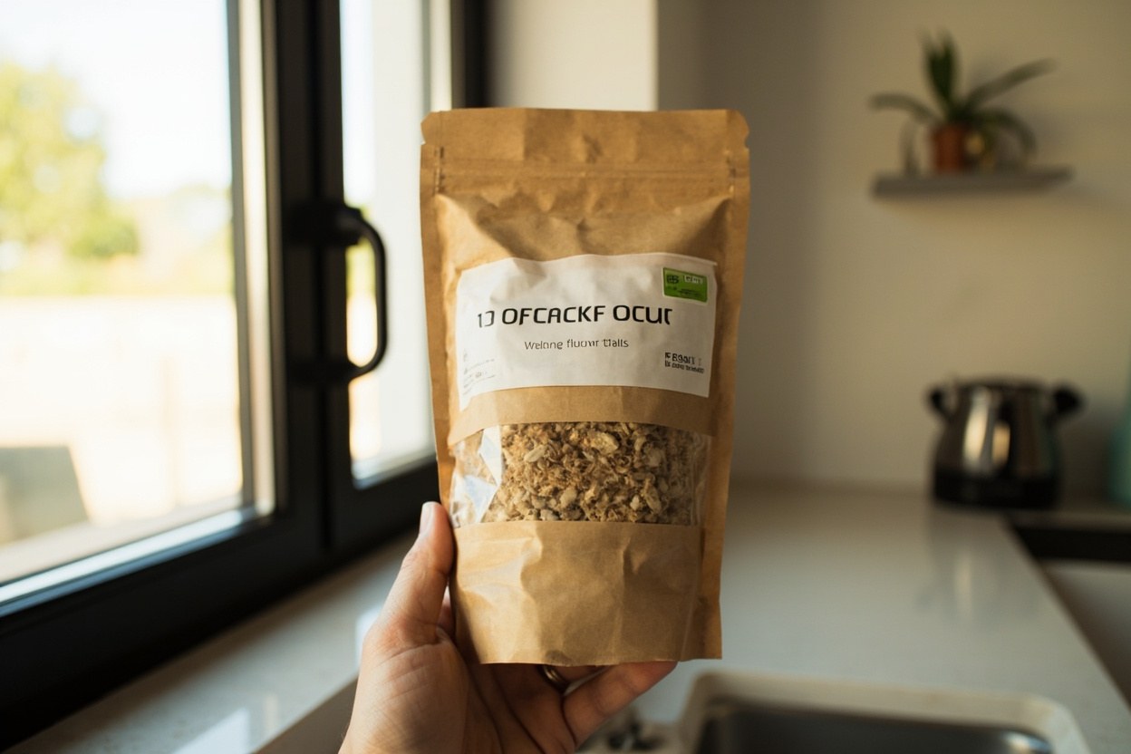 A tan paper bag of cricket flour held up against a kitchen window in soft daylight