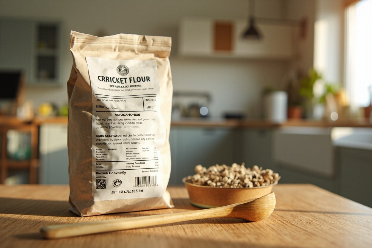 Close up of a cricket flour ingredient label beside a wooden spoon in a bright kitchen interior