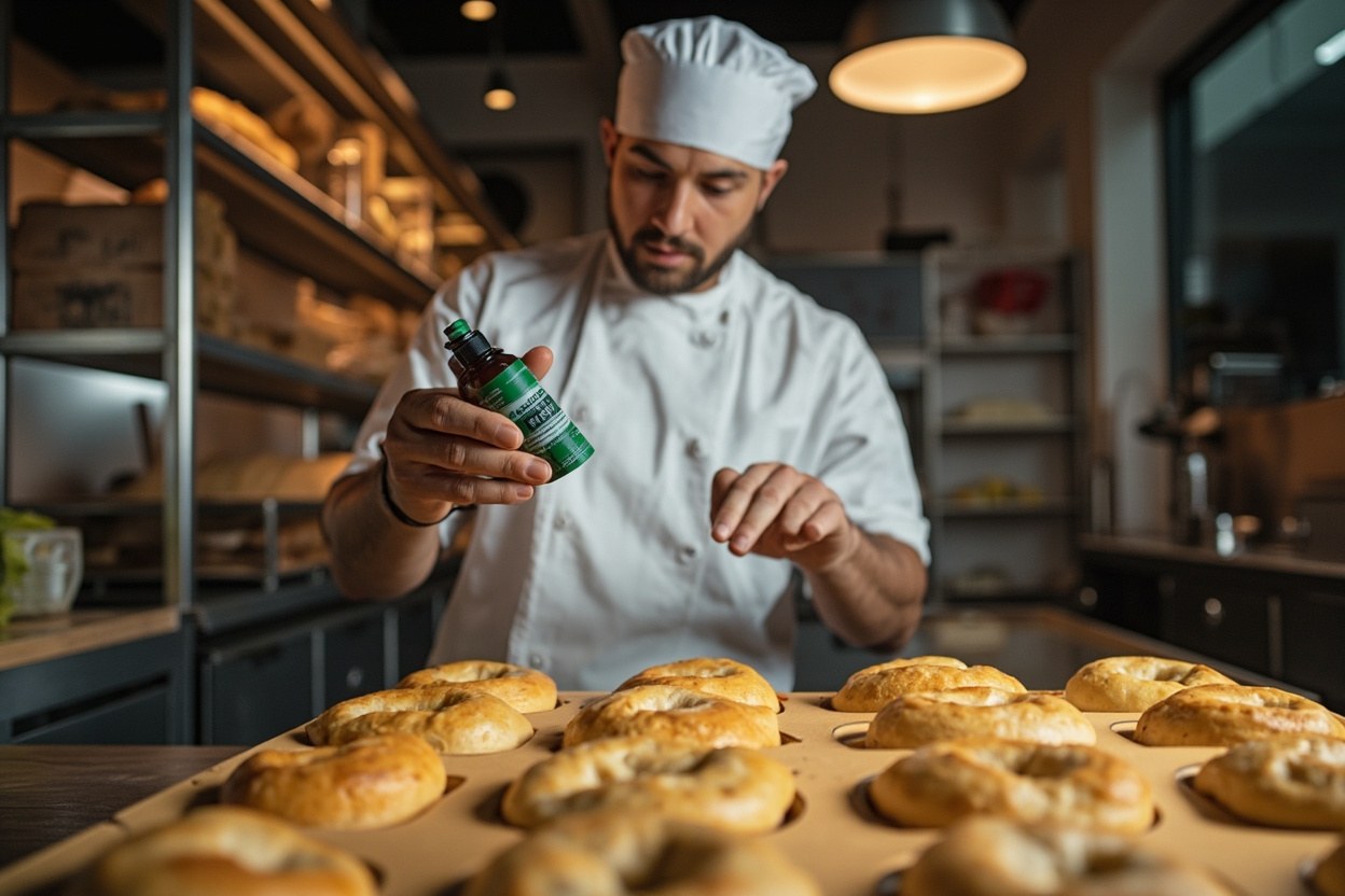 A chef holding a dimethicone E900 spray bottle over a tray of fresh pitta breads in a bakery interior