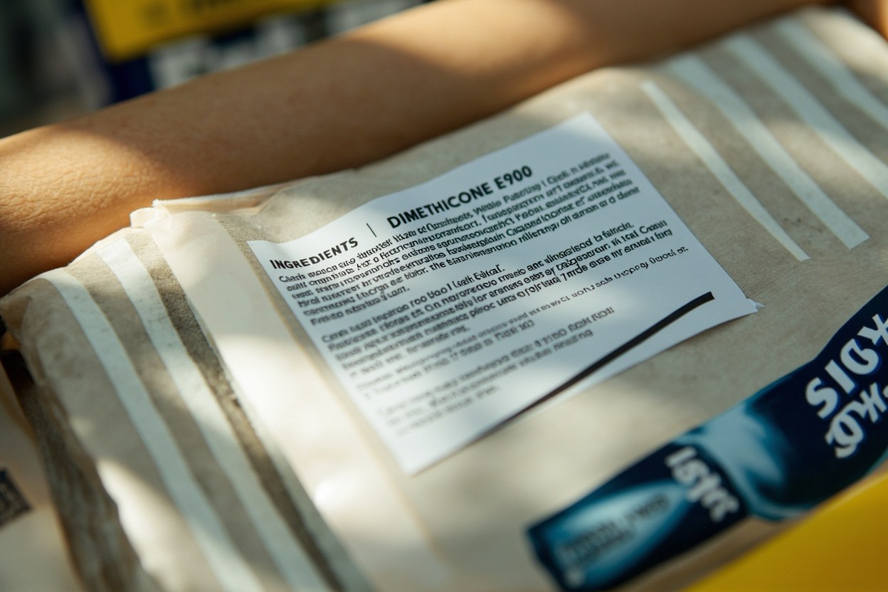 Close up of a 2026 food label showing dimethicone E900 in the ingredients list on a supermarket shelf in daylight