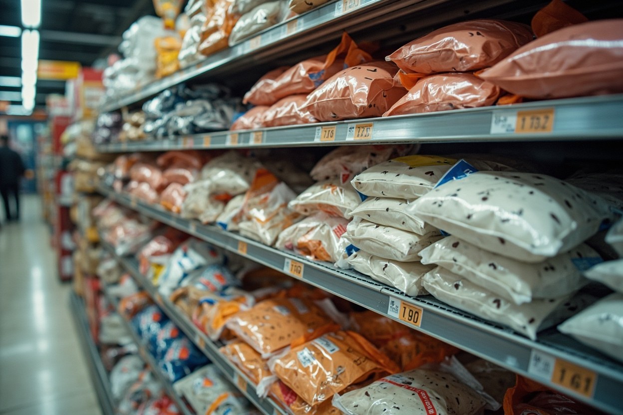 A supermarket confectionery aisle in soft daylight, with bags of white-coated sweets stacked on metal shelving and price tags in view.