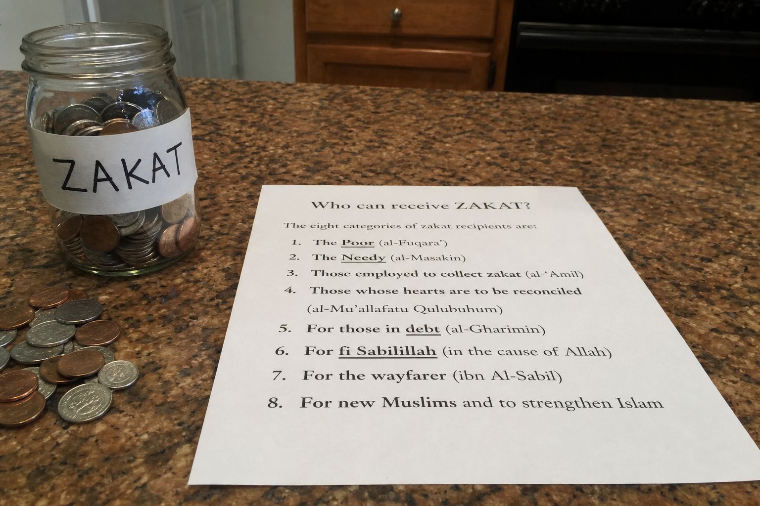 A printed list of the eight zakat categories next to coins.