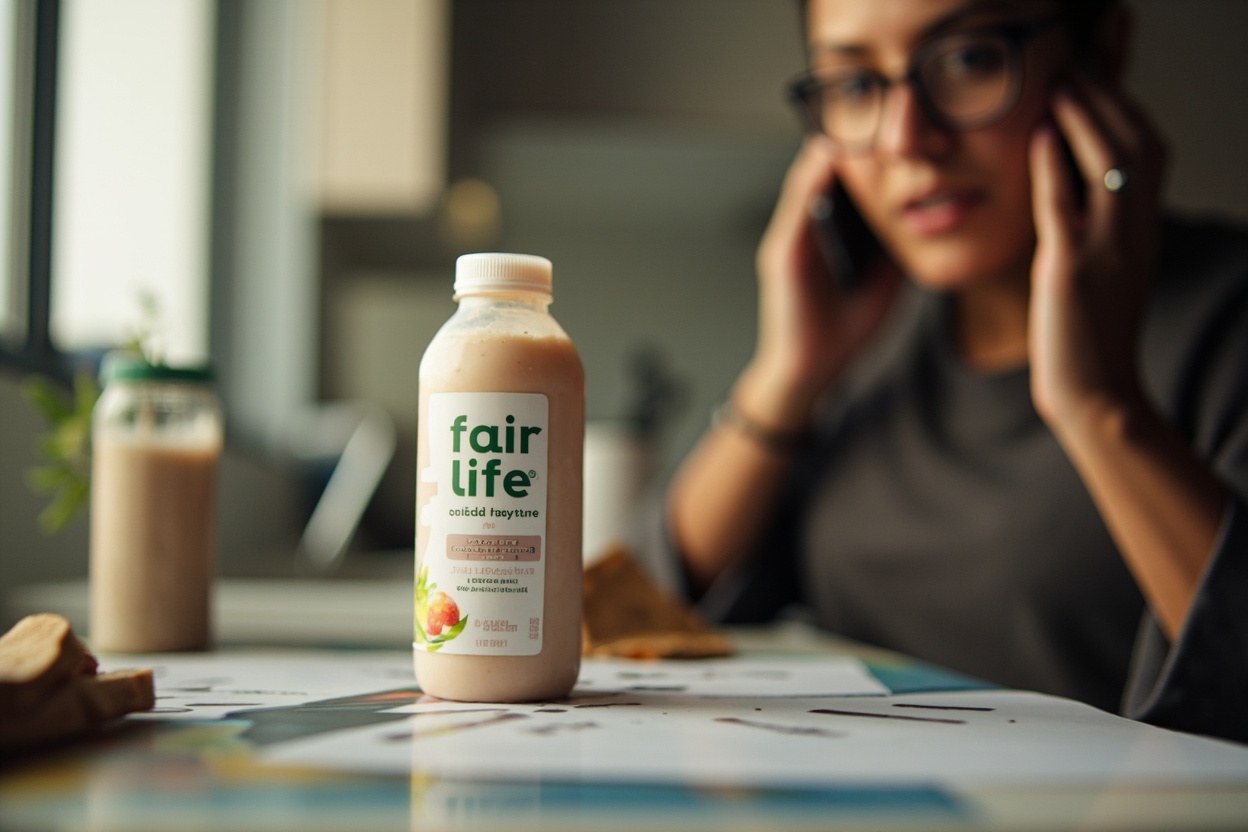 A person typing an enquiry on a phone in a kitchen, with a half opened Fairlife bottle resting on a counter beside the phone in soft afternoon light.