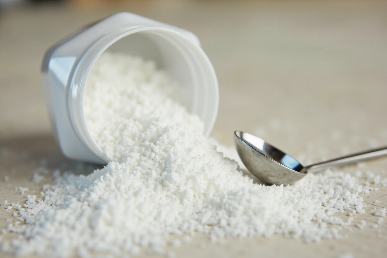 A close up of a small white ceramic jar filled with fine white erythritol granules near a steel measuring spoon, with soft window daylight falling across a kitchen counter