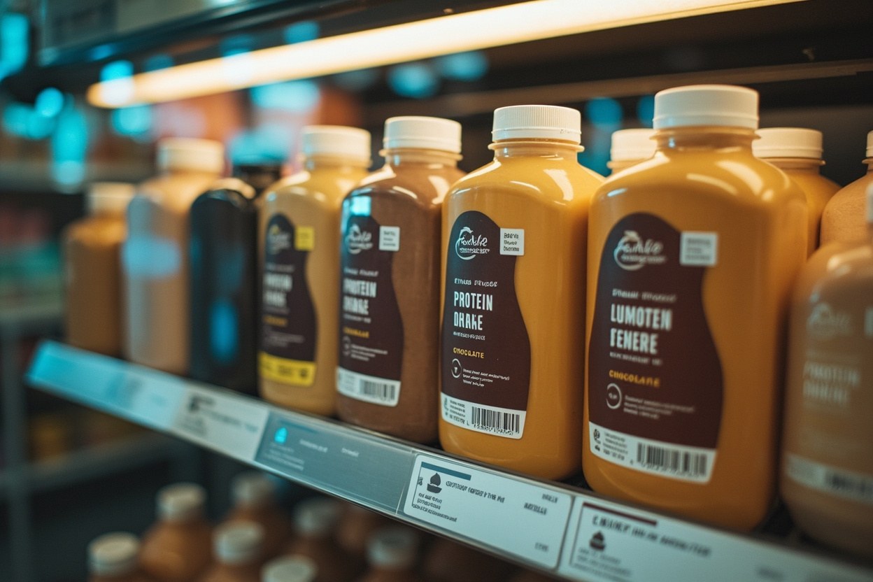 A row of Fairlife protein shake bottles in a supermarket chiller under fluorescent daylight, with the chocolate and vanilla labels facing the camera.