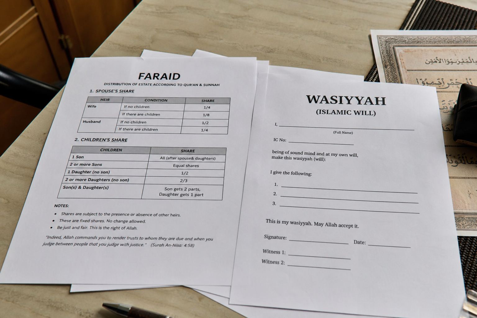 Printed faraid notes and a wasiyyah page on a kitchen table.