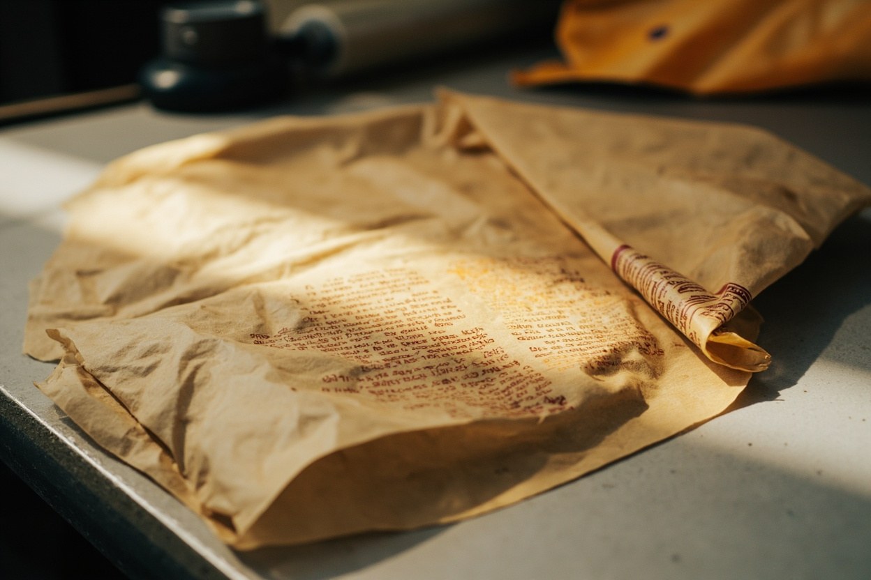 Close up of a flatbread wrapper on a kitchen surface with ingredient text in daylight