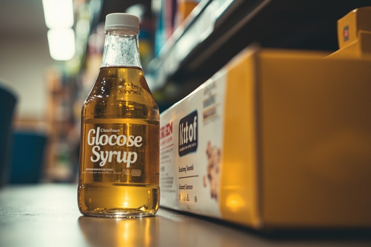 Clear plastic bottle of glucose syrup near a box of cereal bars in a supermarket aisle, daylight