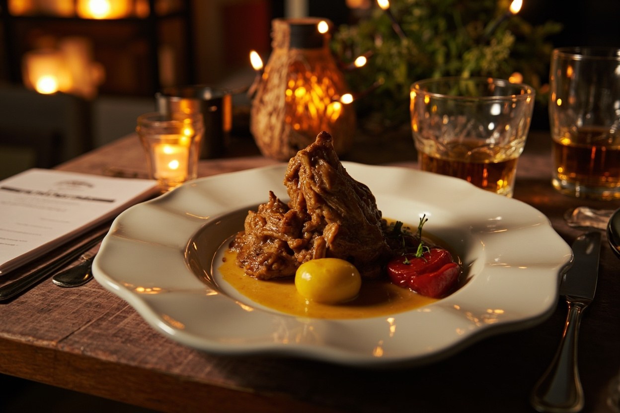 A plated haggis with neeps and tatties on a white plate beside a small glass of whisky, candlelit interior