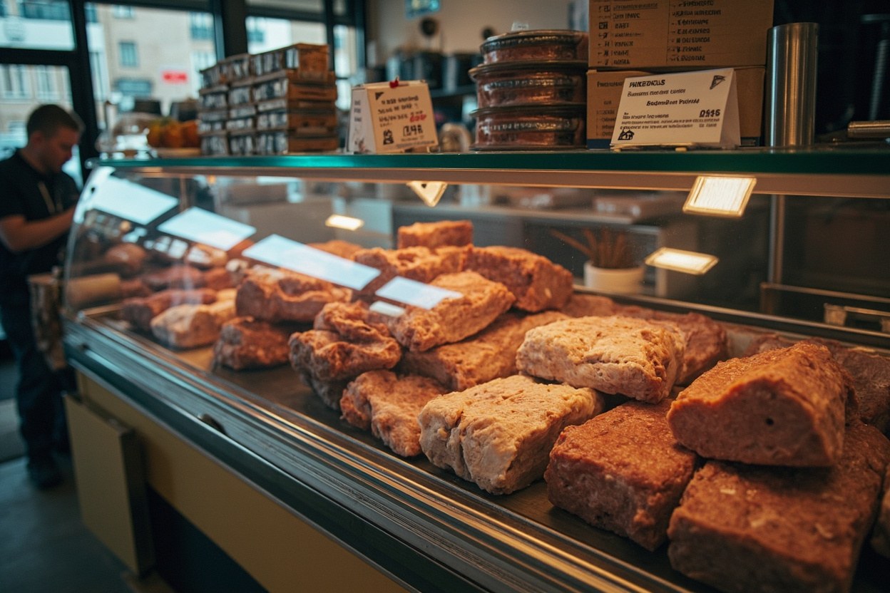 A halal butcher counter in a Glasgow shop displaying labelled haggis portions in a chilled display case, daylight through the window