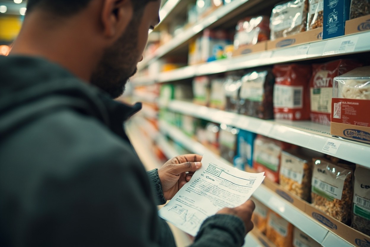 A close view of a shopper comparing the ingredient label and the halal symbol on a grocery product in a brightly lit aisle.