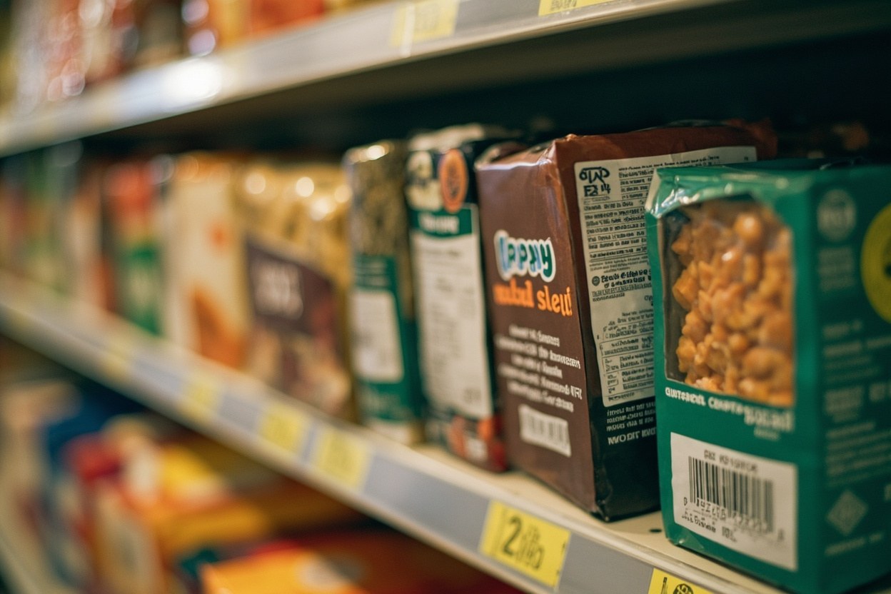 A row of packaged food on a supermarket shelf with small halal certification marks printed on the back panels in daylight.