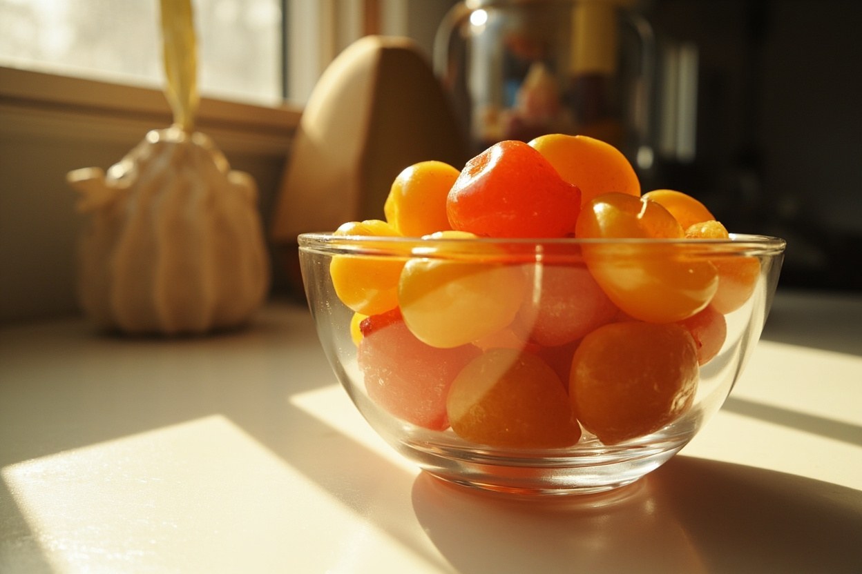 A small glass bowl of glossy halal certified fruit jellies on a kitchen counter in warm interior light