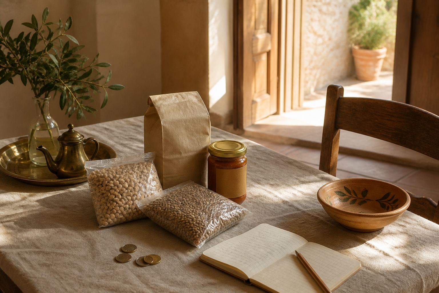 A sunlit kitchen table with packets, a notebook, and coins — Islam in the house.