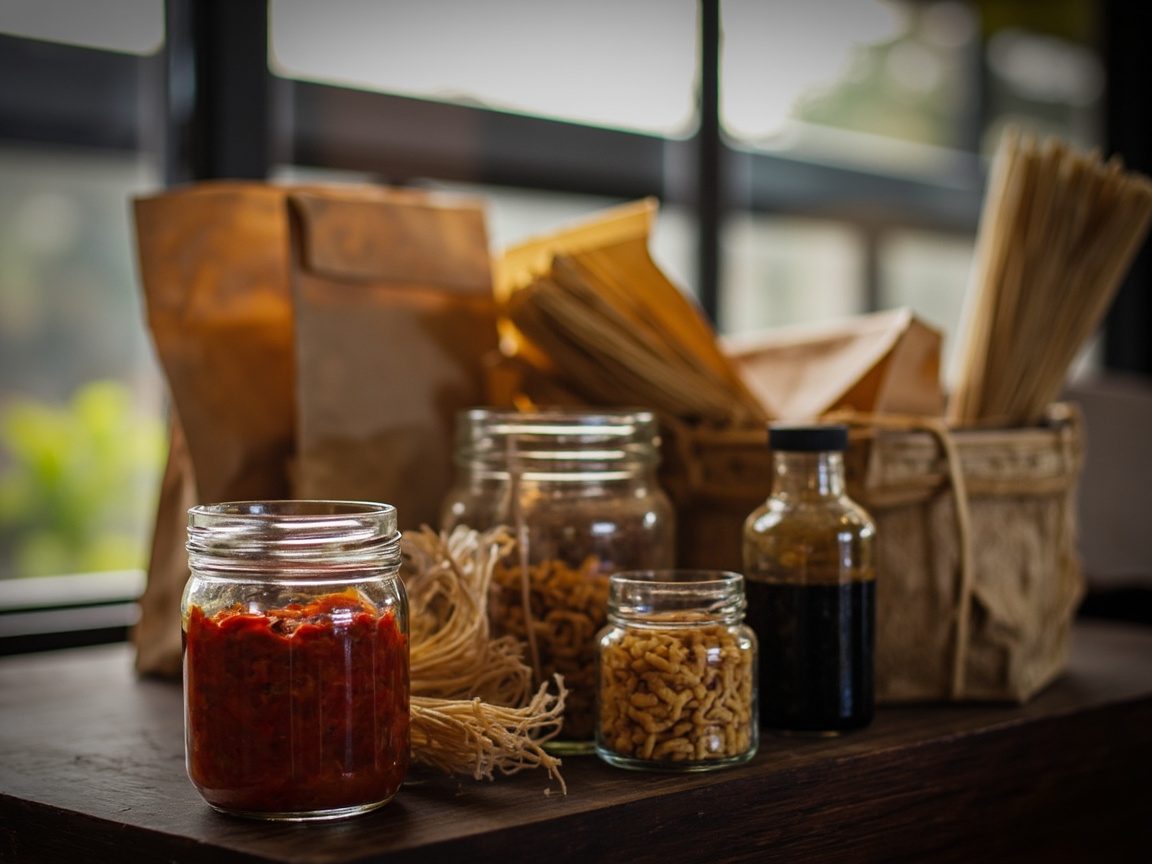 Unlabelled glass jars of red sambal and crispy noodles, a bottle of dark soy sauce, dried noodles and paper bags on a wooden shop counter by a window.
