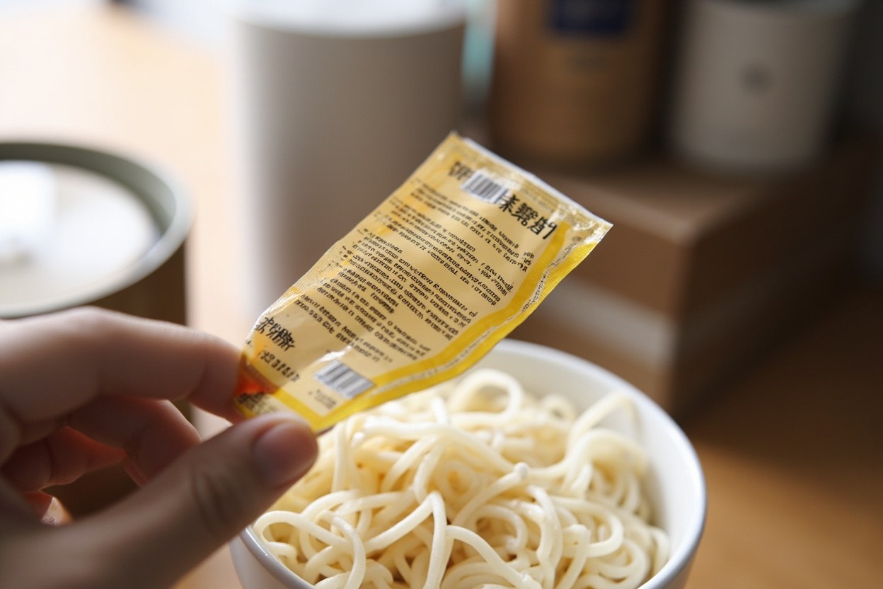 A close view of an instant noodle seasoning sachet with an ingredient list, held above a bowl in a bright kitchen, a pair of chopsticks visible in the foreground.