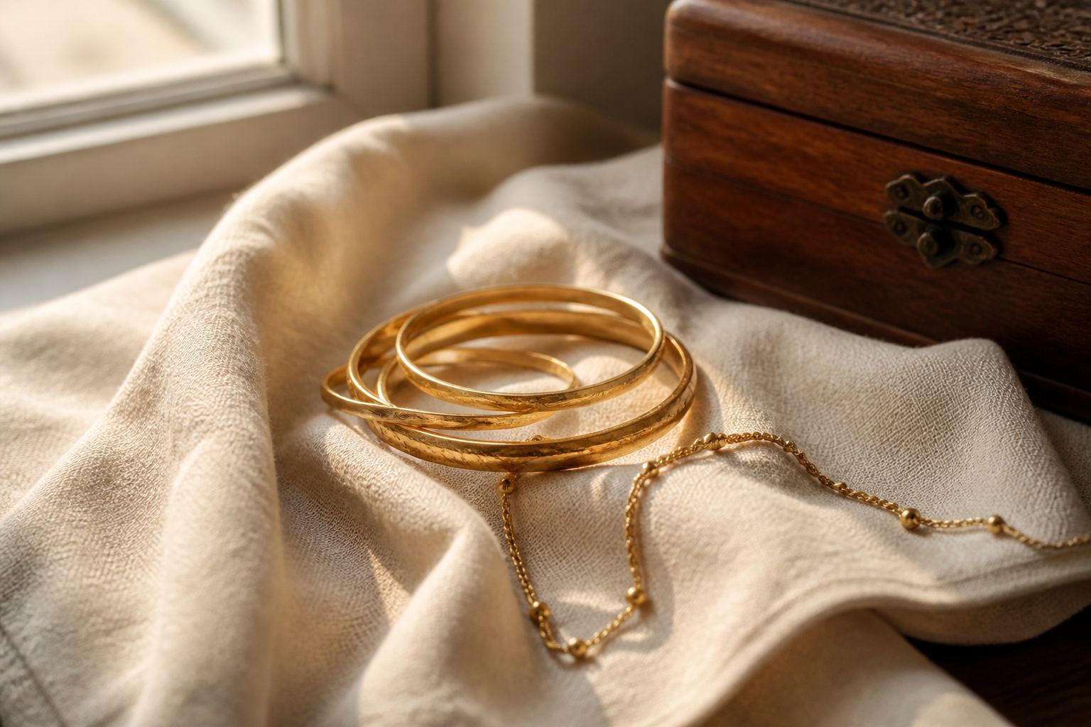Gold bangles on folded linen next to a wooden jewellery box.