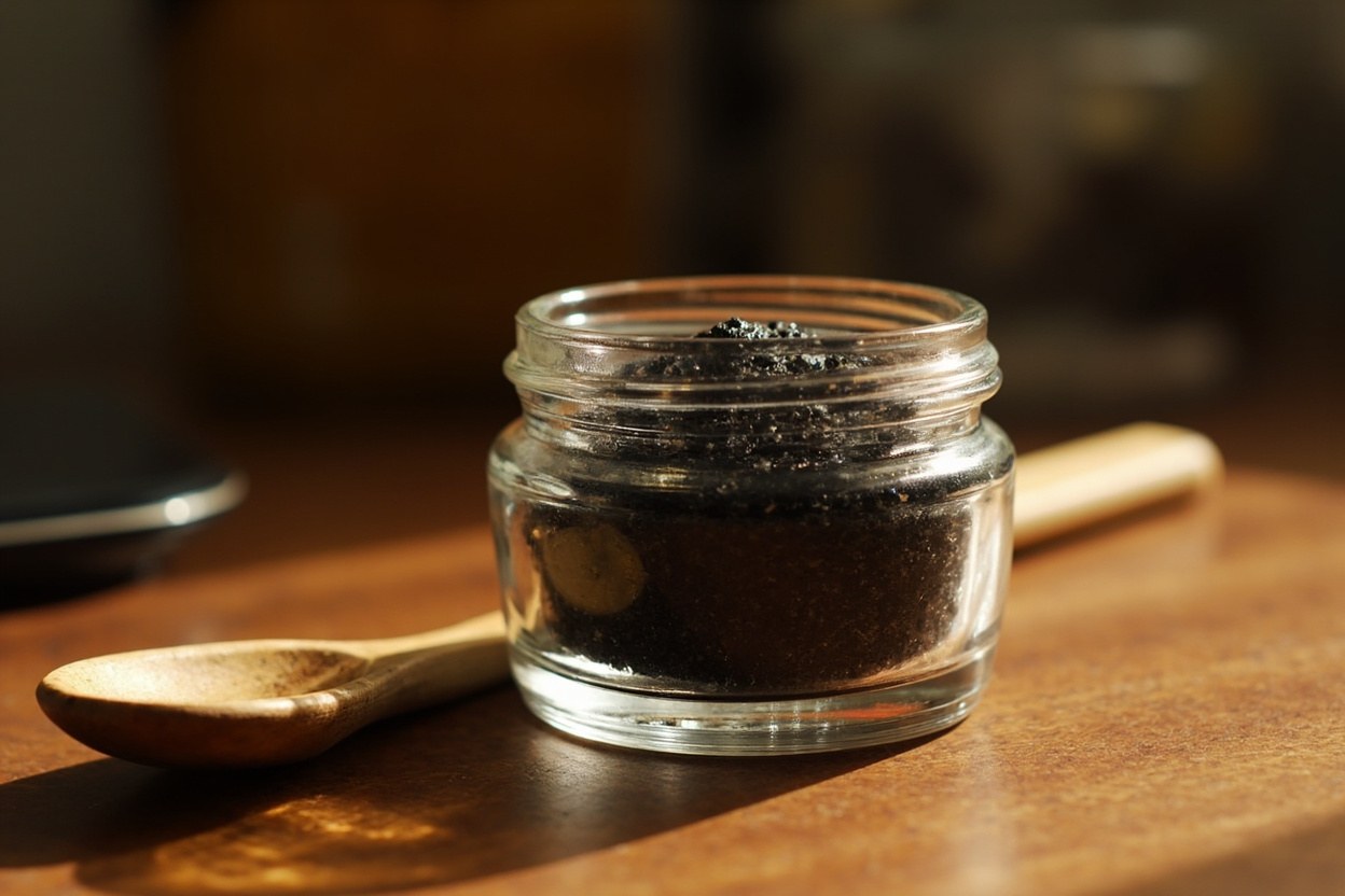 Small glass jar of black Kala Namak salt beside a wooden spoon in warm interior light