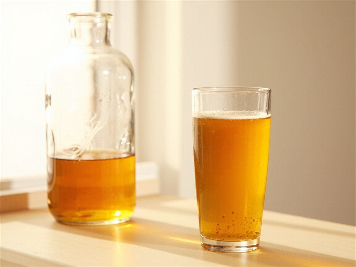 A glass of amber kombucha on a kitchen counter, with a sealed bottle of the same tea resting beside it and daylight from a window.