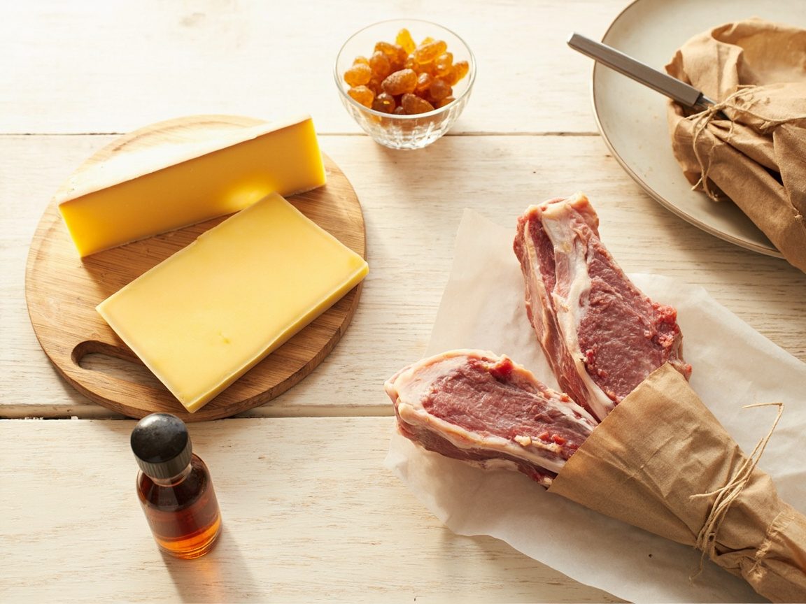 A kitchen table with a wedge of yellow cheese on a wooden board, a glass bowl of amber gummy sweets, a small bottle of vanilla extract and raw lamb chops on butcher's paper.
