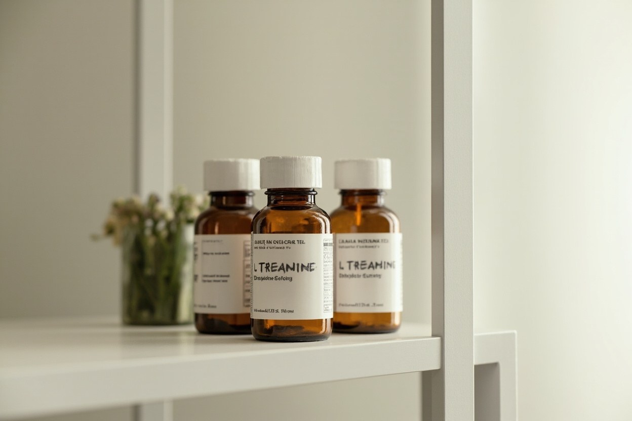 Three amber supplement bottles with white caps standing on a clean shelf against a pale wall, calm interior light.
