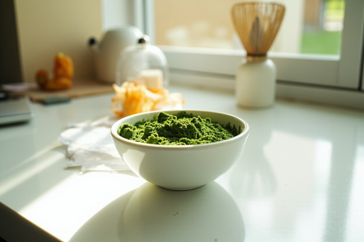 A bright kitchen with a bowl of bright green matcha and a bamboo whisk on a light counter, soft daylight from a side window.