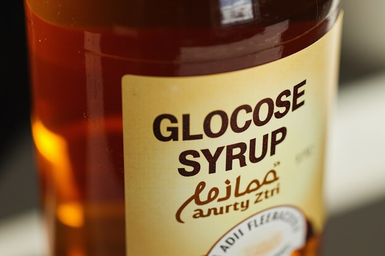 Close-up of a British food label with the words glucose syrup highlighted, soft kitchen daylight