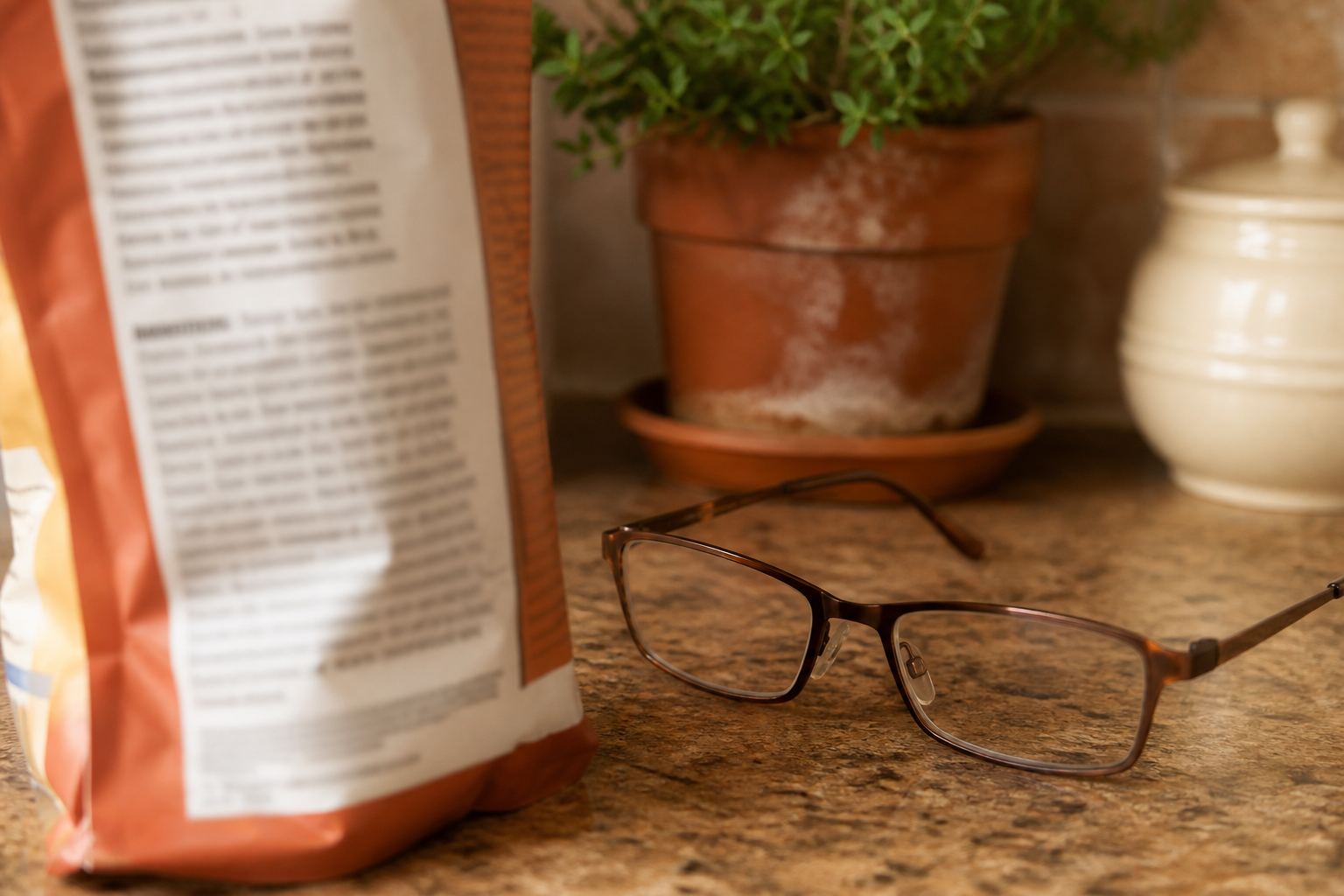 A grocery packet turned to its ingredients panel, reading glasses on a kitchen counter.